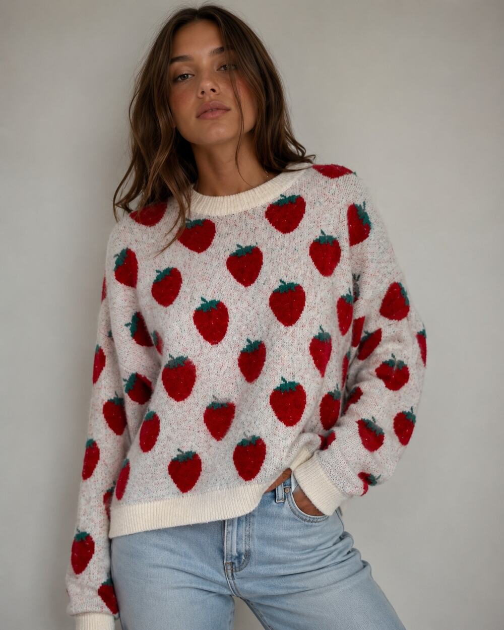 Lisa Says Gah White Red Strawberry Sweater Womens XL Ella Fall Oversized Cozy